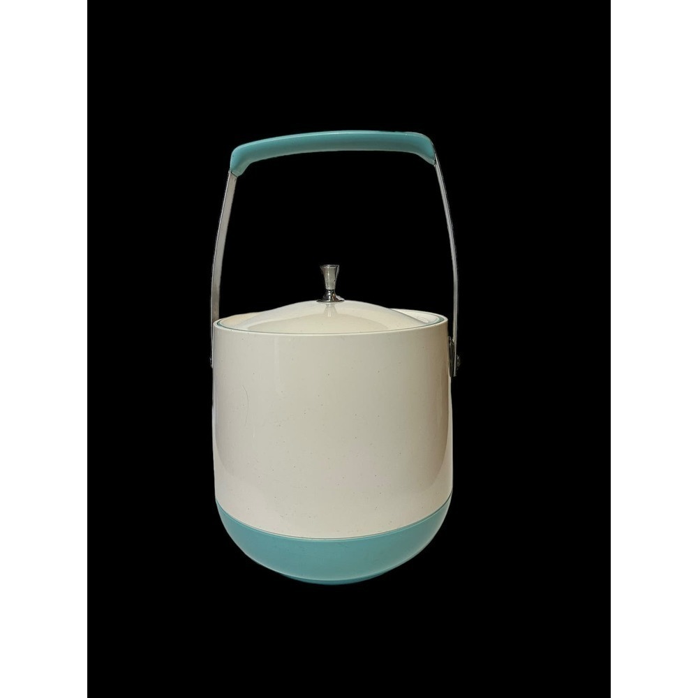 Vintage cream and turquoise plastic ice bucket